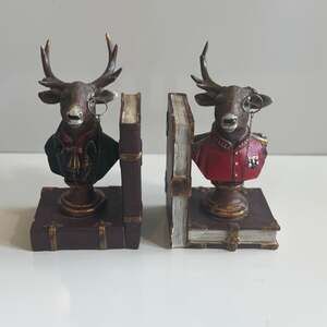 Vintage Style Anthropomorphic Deer Bookends Regency Stag Busts with Monocles